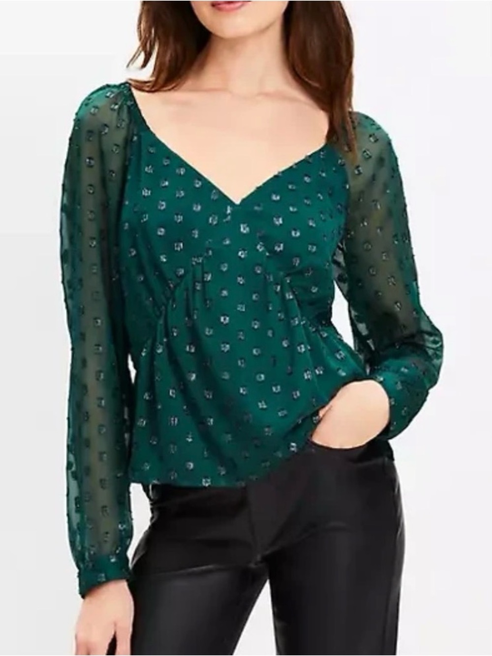 NEW LOFT Shimmer Clip Dot Sweetheart Neck Blouse Green Sheer Shany Top Large